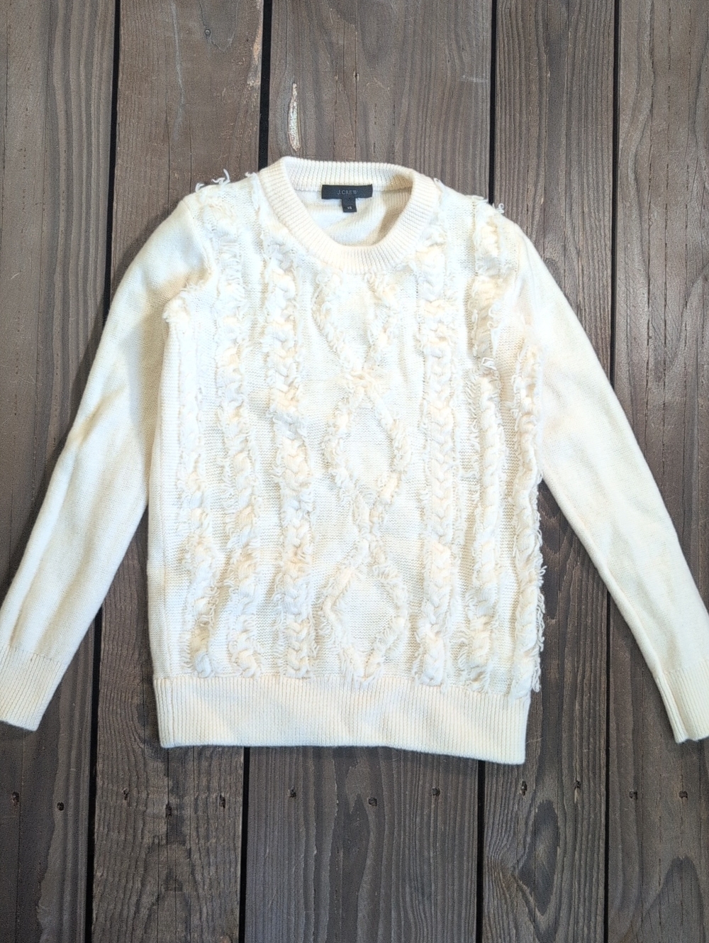 J. Crew Cream Fringe Cable-Knit Merino Crewneck Sweater XS